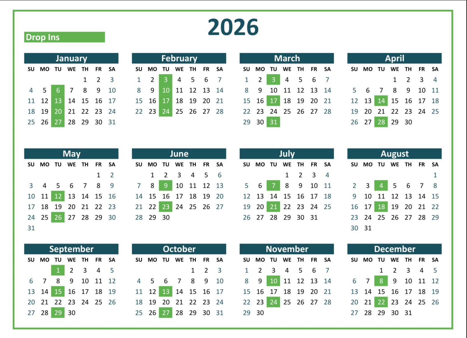 2026 Drop-in calendar